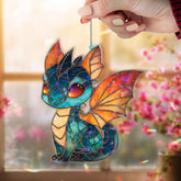 Baby Dragon Acrylic Suncatcher, Stained Glass Style Cute Fantasy Dragon with Bright Wings, Magical Window Hanging Home Decor Gift